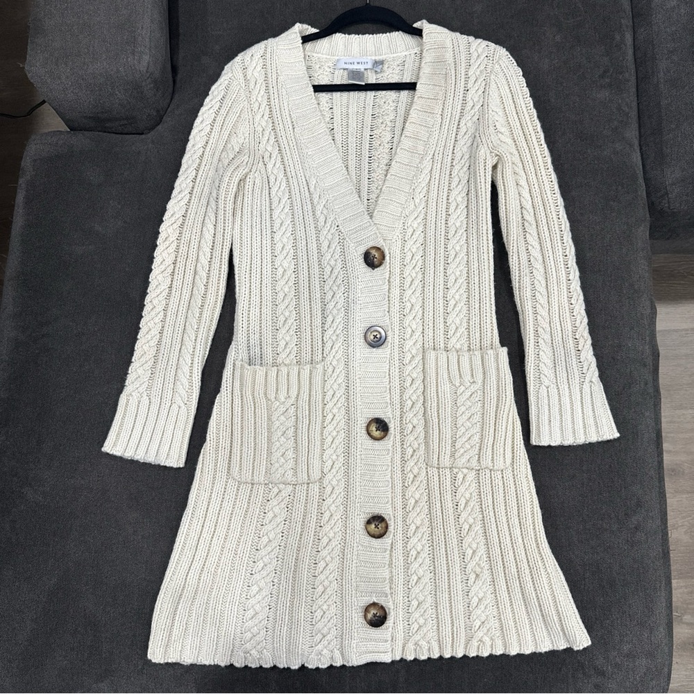 NINE WEST Long Sleeve Cream White Knit Deep V Neck Button Up Cardigan Jacket S